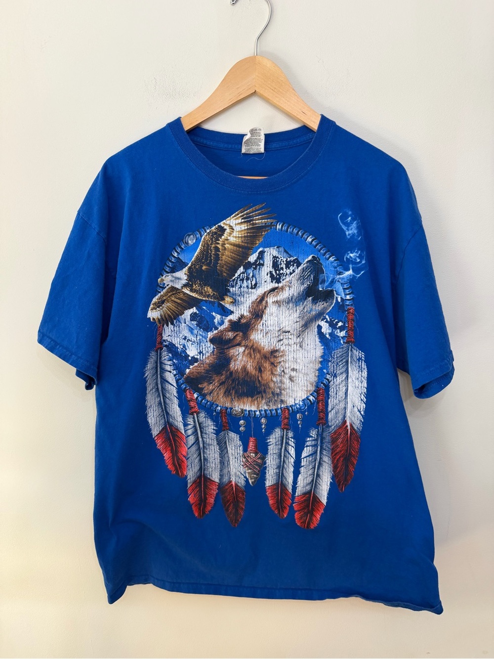 Native Wolf Nature T-shirt Dream Catcher Eagle Mountain Grail Tee Blue Unisex XL